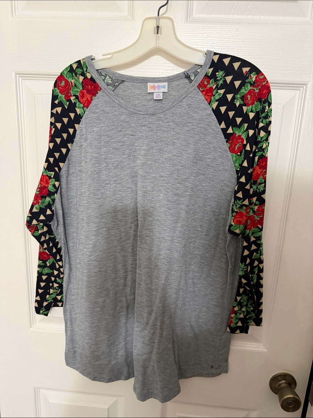 LuLaRoe Gray Raglan Top with Black Sleeves and Red Floral